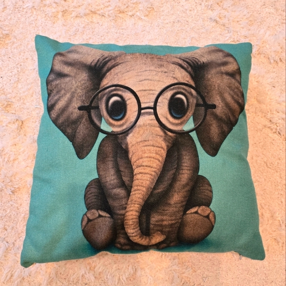 Adorable Elephant with Glasses Teal and Grey Throw Pillow Lightweight